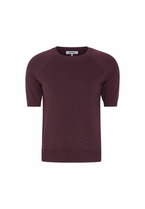 Bordo trumpomis rankovėmis megztinis su apvalia iškirpte ir ribbota hemline. Yra raglano rankovės ir lygus tekstūra.