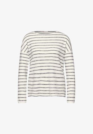 Chemise à manches longues rayée en blanc et gris foncé, avec un col arrondi, un tissu doux et une coupe décontractée.