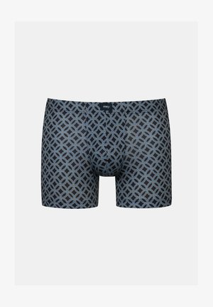 Boxershorts van donkerblauwe stof met een herhalend geometrisch cirkelpatroon in lichterblauwe en beige tinten. Zachte textuur, elastische tailleband.