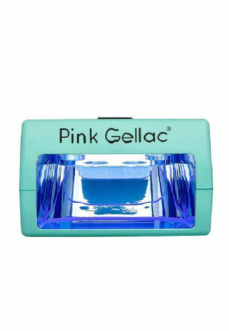 Turquoise UV-nagellamp met een transparante binnenzijde en blauw licht. Voorzien van het logo "Pink Gellac" prominent aan de bovenkant. Compact ontwerp.