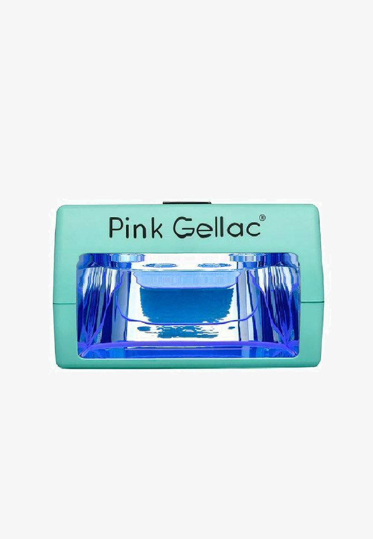 Turquoise UV-nagellamp met een transparante binnenzijde en blauw licht. Voorzien van het logo "Pink Gellac" prominent aan de bovenkant. Compact ontwerp.
