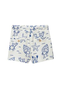 Shorts en tissu crème avec des motifs de crabes bleus et d'étoiles de mer. Dotés d'une taille élastique et de deux petits boutons en bois sur les poches arrière.