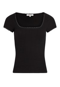 Black ribbed t-shirt with a square neckline and short sleeves. Features delicate lace trim along the neck and sleeve edges.