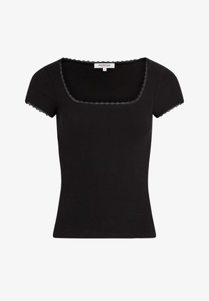 T-shirt noir à côtes avec un décolleté carré et des manches courtes. Présente une délicate finition en dentelle le long du col et des bords des manches.
