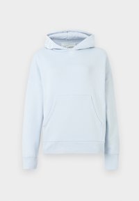 Světle modrá mikina s kapucí vyrobená z jemné tkaniny, s klokaní kapsou, uvolněným střihem a žebrovanými manžetami. Logo na kapuci.