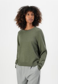 Maglione verde lavorato a maglia con scollatura tonda, maniche raglan e polsini a coste. Abbinato a pantaloni grigi chiari a righe.