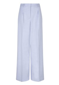 Lichtblauwe wijde broek van een gestructureerde stof, met een hoge taille, voorplooien en zijzakken.