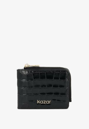 Black crocodile-patterned leather wallet with gold zipper and "kazar" logo on front.