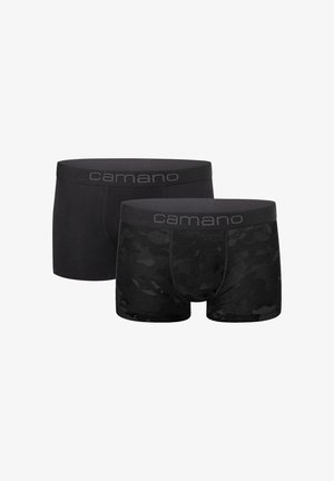 Boxer briefs neri da uomo in confezione da due. Uno è nero uni, l'altro presenta un discreto motivo camouflage. Il tessuto è elasticizzato e ha una cintura morbida.
