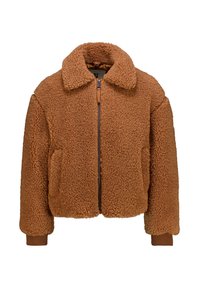 Chaqueta corta marrón, esponjosa, con cuello tipo solapa, cierre de cremallera y dos bolsillos laterales. Puños acanalados en un tono a juego. Textura suave.