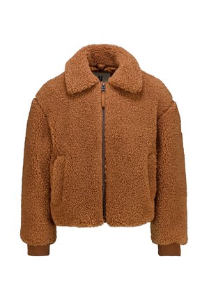 Veste courte marron duveteuse avec un col rabattu, fermeture éclair et deux poches latérales. Poignets côtelés dans une teinte assortie. Texture douce.