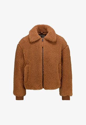 Veste courte marron duveteuse avec un col rabattu, fermeture éclair et deux poches latérales. Poignets côtelés dans une teinte assortie. Texture douce.