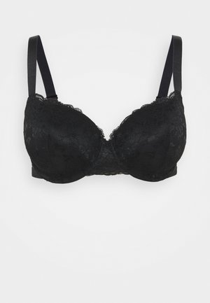 Black lace bra with underwire, molded cups, and scalloped lace trim. Adjustable straps and a smooth band provide structure and support.