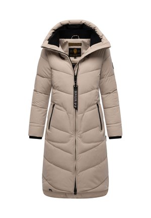 Manteau d'hiver long beige rembourré avec col montant, doublure intérieure noire, fermeture éclair sur le devant et poches latérales zippées.