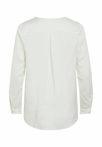 Blusa bianca a maniche lunghe con scollo rotondo, piega singola sul retro e polsini con bottoni, caratterizzata da una texture liscia e morbida.