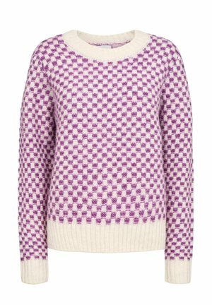 Lilla ja kreemi ruuduline kudum, millel on ümar kaelus, soonikkoes varrukate otstest ja allservast. Omab pehmet tekstuuri ja laiduvat istuvust.