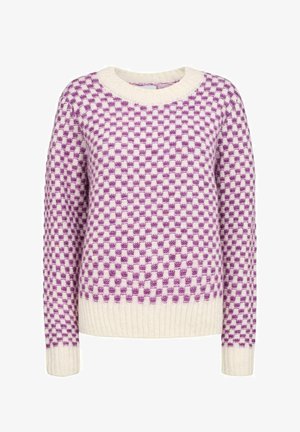 Lilla ja kreemi ruuduline kudum, millel on ümar kaelus, soonikkoes varrukate otstest ja allservast. Omab pehmet tekstuuri ja laiduvat istuvust.