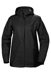 Czarna wodoodporna kurtka wykonana z gładkiego, błyszczącego materiału; posiada kaptur, zamek błyskawiczny z przodu oraz kieszenie boczne. Prosty design bez wzorów.