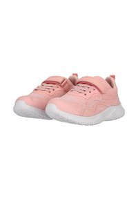 Helle rosa Sportschuhe mit strukturiertem Strick-Obermaterial, Gummisohlen, verstellbarem Klettverschluss und verstärkter Zehenkappe. Mit einer Zuglasche ausgestattet.