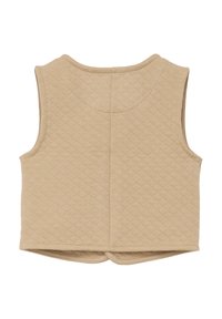 Beige gesteppte ärmellose Weste mit rundem Ausschnitt, die ein strukturiertes Rautenmuster und einen geraden Saum aufweist. Weicher Stoff ohne sichtbare Beschläge.
