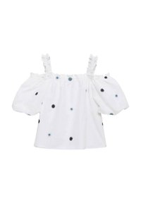 Top bianco a spalle scoperte con spalline arricciate, maniche a palloncino e piccoli ricami floreali blu e neri decorativi.