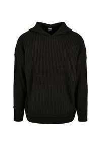 Schwarzer gerippter Hoodie mit einer Vordertasche, weiten Ärmeln und einer kapuze mit Kordelzug zur Weitenverstellung. Verfügt über ein strukturiertes Strickmuster.