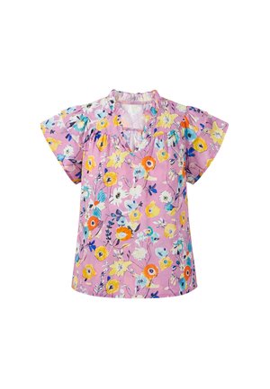 Blouse rose à manches courtes avec imprimé floral coloré, encolure froncée et coupe ample.