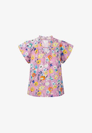 Kurzärmelige rosa Bluse mit buntem Blumenmuster, gerafftem Ausschnitt und lockerer Passform.