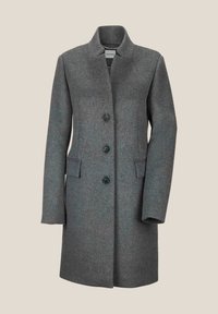 Grijze wollen jas met een rechte snit, grote kraag, vier zwarte knopen en zijzakken. Zachte textuur met een subtiel gemêleerd patroon.