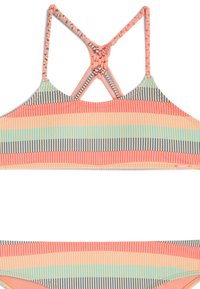Bikini top z plecionym paskiem, w wielobarwne paski: koralowy, miętowy i granatowy. Gładka tekstura z krzyżowym fasonem na plecach.