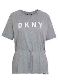 Camiseta gris de manga corta con cintura ajustable mediante cordón, que presenta "DKNY" impreso en letras blancas en negrita en el frontal. Material suave de mezcla de algodón.