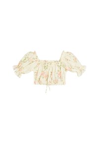 Cremefarvet blomsterprint off-shoulder crop top med puffede ærmer og samlede elastiske detaljer ved ærmerne og nederste kant.