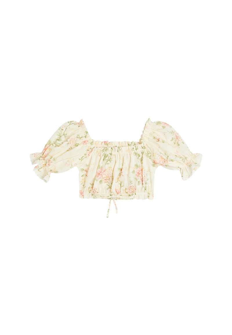 Cremefarvet blomsterprint off-shoulder crop top med puffede ærmer og samlede elastiske detaljer ved ærmerne og nederste kant.