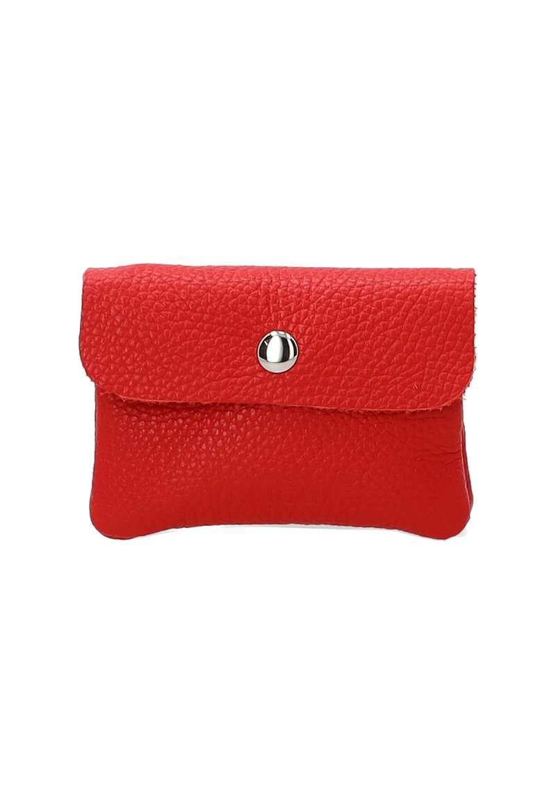Red leather wallet pouch with a textured surface, rounded edges, and a snap closure. Compact design suitable for small items.