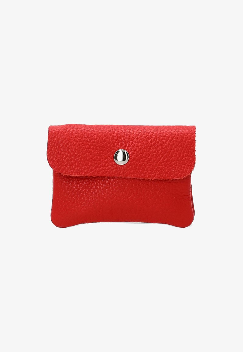 Rotes Leder-Wallet-Täschchen mit strukturierten Oberflächen, abgerundeten Kanten und Druckknopfverschluss. Kompaktes Design, geeignet für kleine Gegenstände.