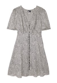 Czarna i biała sukienka w panterkę z krótkimi bufkami, okrągłym dekoltem i zapięciem na guziki z przodu. Rozkloszowana spódnica z marszczonym pasem.