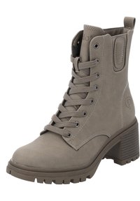 Botte cheville grise en matériau semblable au daim, présentant un design à lacets, un bout arrondi et un talon bloc texturé. Notable pour sa semelle en caoutchouc durable.