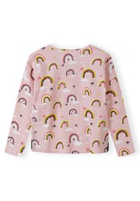 Rosa Langarmshirt mit einem wiederholten Muster aus Regenbögen, Wolken und Sternen. Hergestellt aus weichem Stoff mit rundem Ausschnitt.