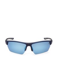 Occhiali da sole sportivi con una montatura in plastica blu scuro e grandi lenti azzurro chiaro, caratterizzati da un design avvolgente e senza hardware visibile.