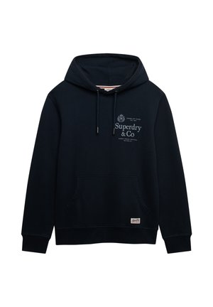 Navy blue cotton hoodie with a front kangaroo pocket, drawstring hood, and printed logo on the chest; ribbed cuffs and hem.