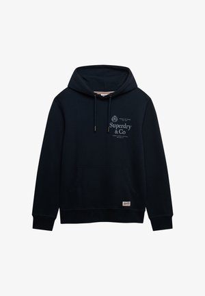 Navy blue cotton hoodie with a front kangaroo pocket, drawstring hood, and printed logo on the chest; ribbed cuffs and hem.