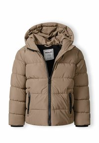 Brun puffjacka med huva, zippered front och två sidfickor. Har nedsydd design och svarta detaljer.