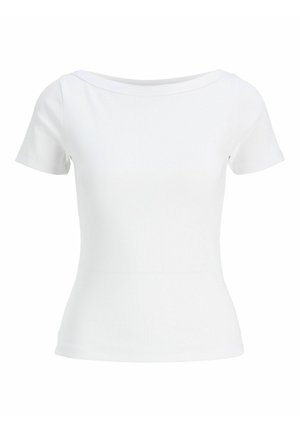 Chemise blanche à manches courtes en maille côtelée avec un large col et une taille ajustée.