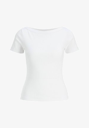 Chemise blanche à manches courtes en maille côtelée avec un large col et une taille ajustée.