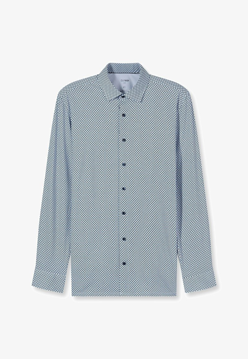 Langarmhemd in Hellblau mit geometrischem Muster. Verfügt über einen spitzen Kragen und dunkle Knöpfe vorne, hergestellt aus atmungsaktivem Stoff.
