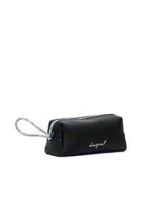 Black leather pouch with silver zipper and cord handle. Features blue accents and embossed logo on the front. Rectangular shape.