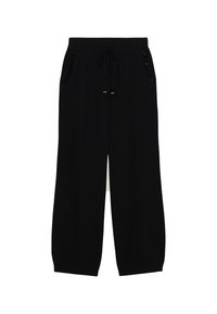 Zwarte wijde sweatpants met een trekkoord in de taille, twee zijzakken en textuuraccenten op de zakken. Zachte stof met een relaxte pasvorm.