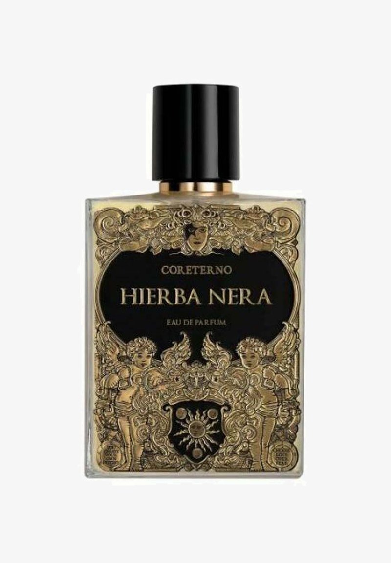 Bouteille rectangulaire noire avec des détails dorés ornés, mettant en avant des figures chérubiques et un blason central. Capuchon noir, étiqueté "Hierba Nera Eau de Parfum."