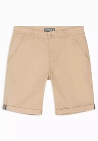 Shorts en khaki avec un devant plat, ourlets roulés et poches frontales. Fabriqués dans un tissu lisse, avec une fermeture à bouton standard et des passants de ceinture.