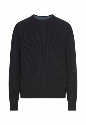 Mørk ribbet sweater med lange ærmer, rund hals og et diskret logotag nederst. Fremstillet af tekstureret strikstof.